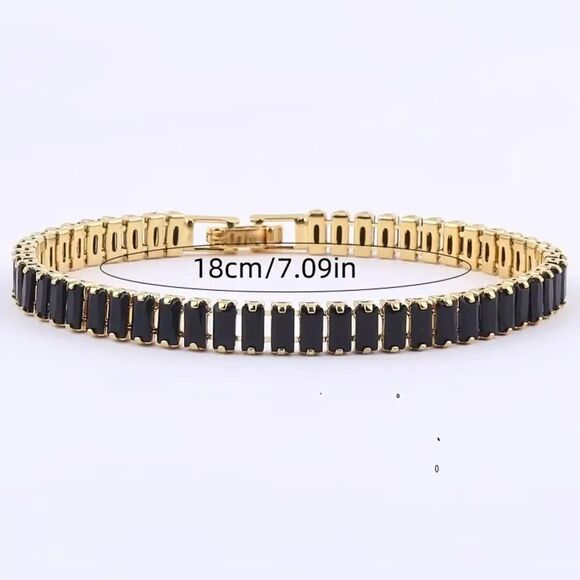 Elegant 18K Golden Plated Copper Tennis Bracelet with Black Square  Daily Wear - Picture 2 of 2